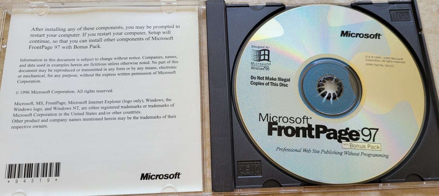 Vintage CD - Microsoft FrontPage 97 for Windows 95 with Bonus Pack, 1996