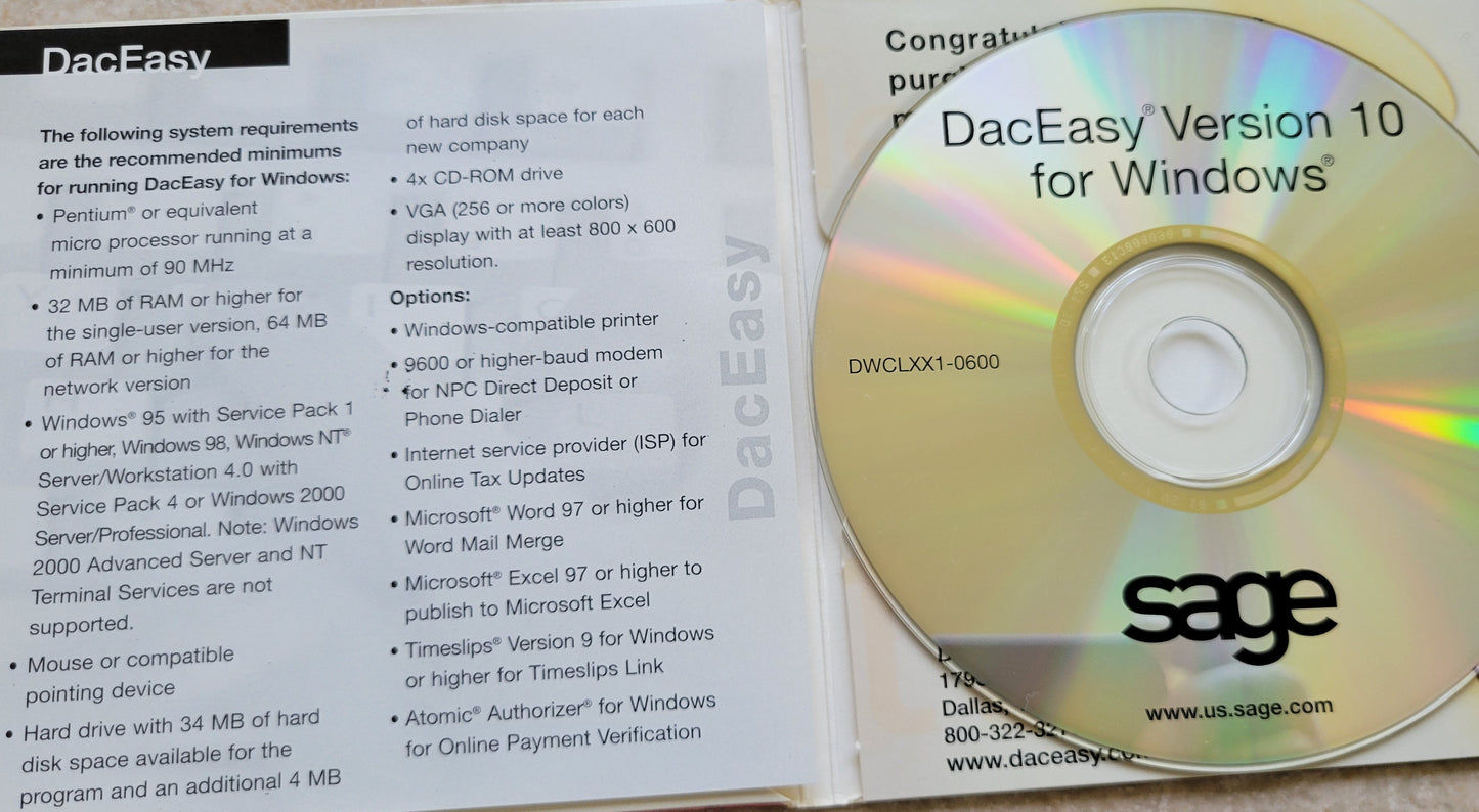 Vintage CD - Sage DacEasy Accounting for Windows, Version 10