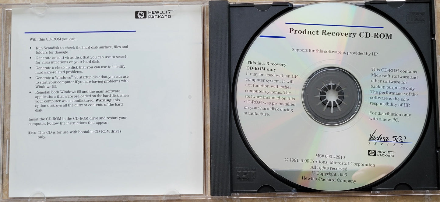 Vintage - HP Product Recovery CD-ROM for Vectra 500, 1996 Part Number: 5011-3822