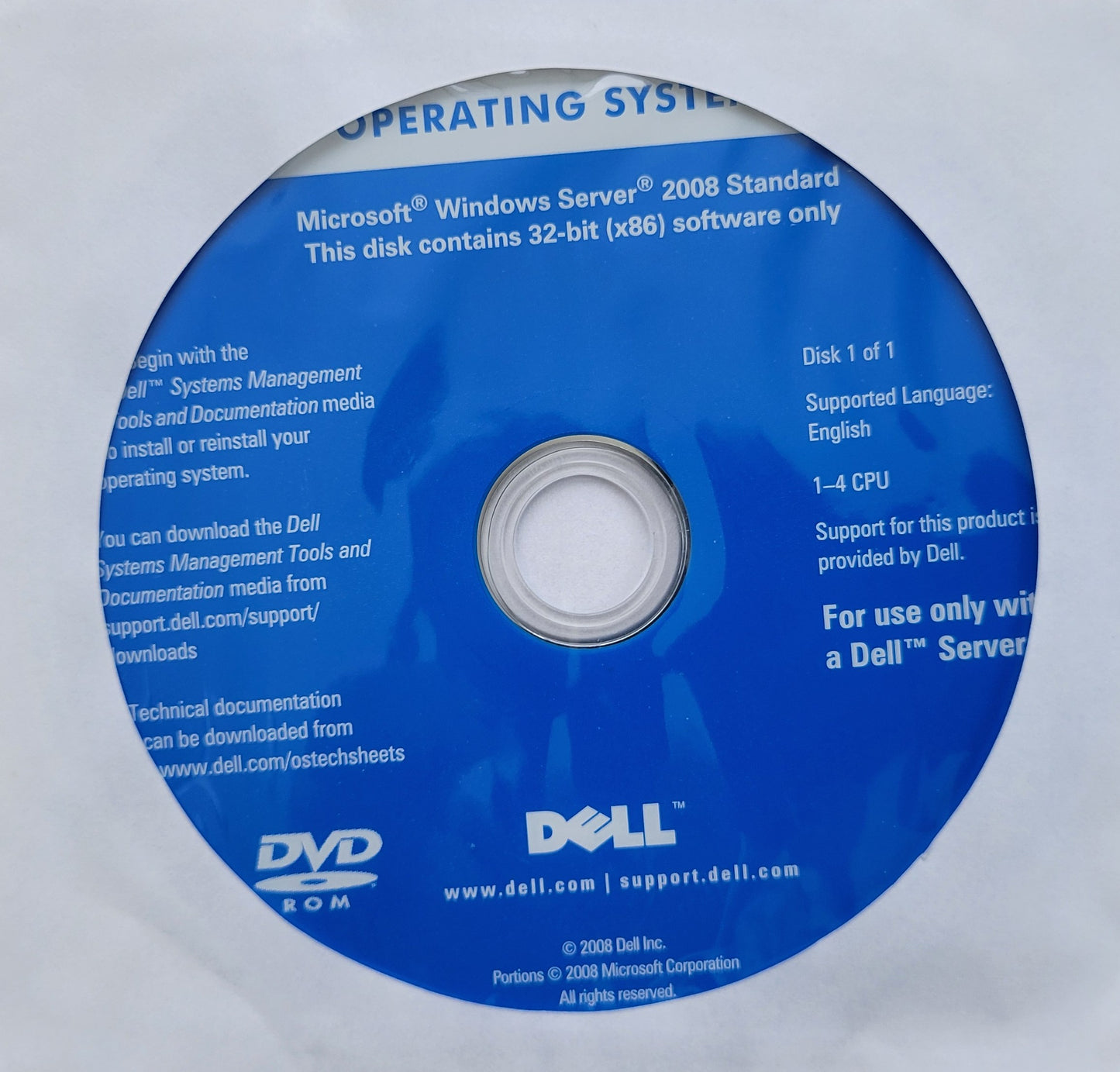 Microsoft Windows Server 2008 Standard for 32-bit (x86) DVD P/N FR911