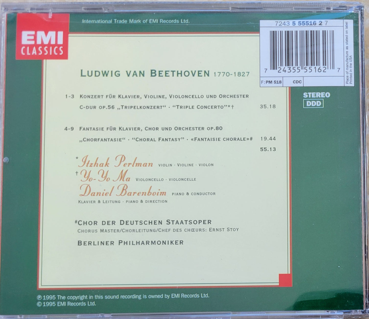 Music CD - Beethoven: Triple Concerto, Itzhak Perlman, Yo Yo Ma, Barenboim, 1995