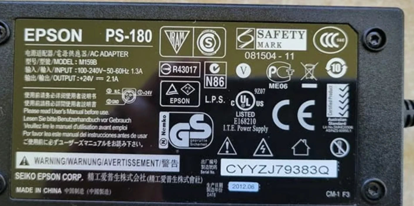 Epson Receipt Printer Power Adapter - PS-180, New