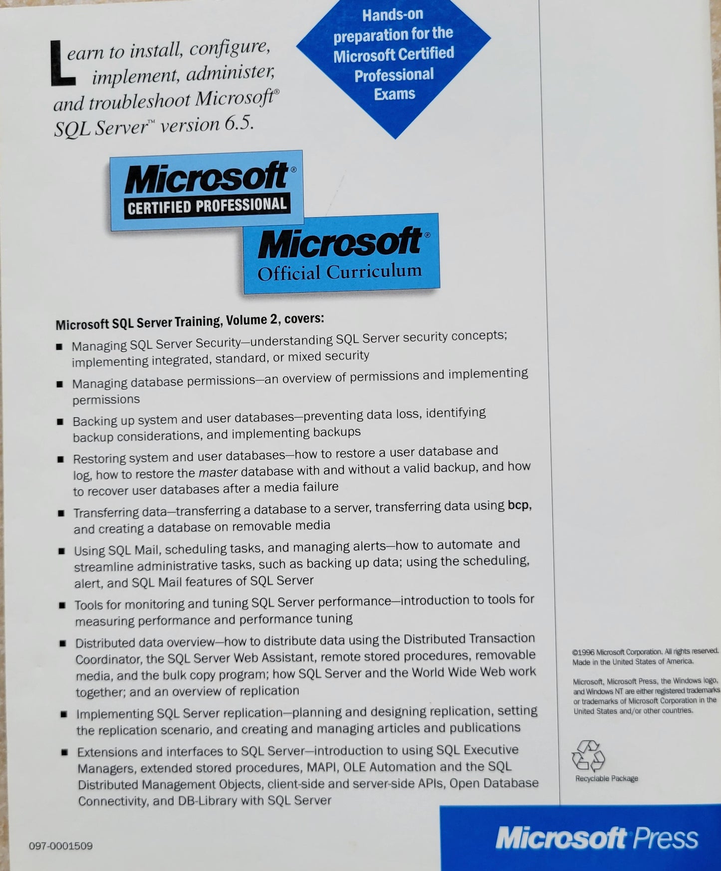 Vintage - Microsoft SQL Server 6.5 Training, Volume 2
