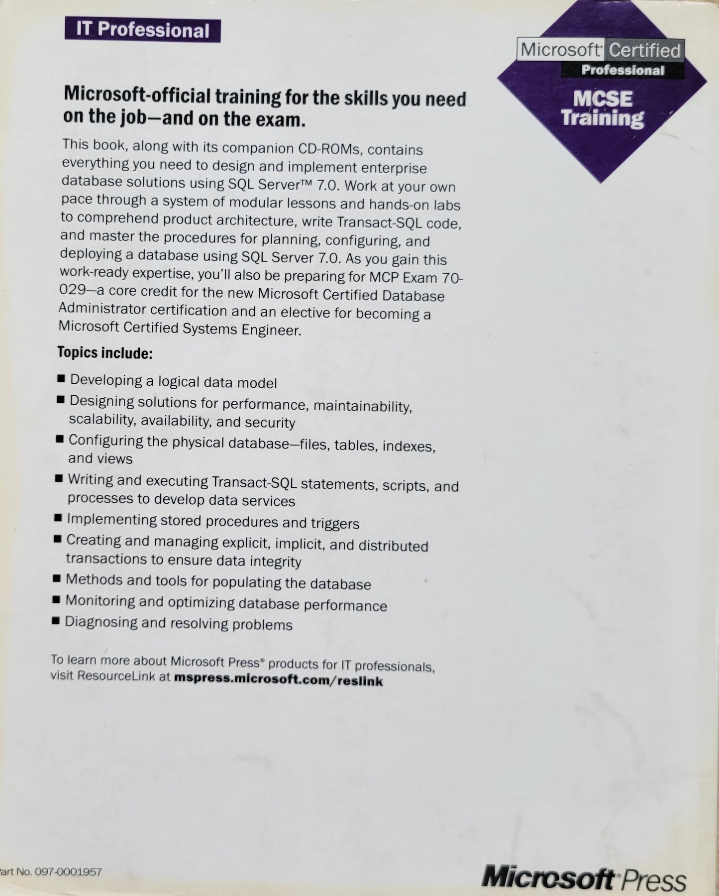Vintage - Microsoft SQL Server 7.0 Database Implementation Training