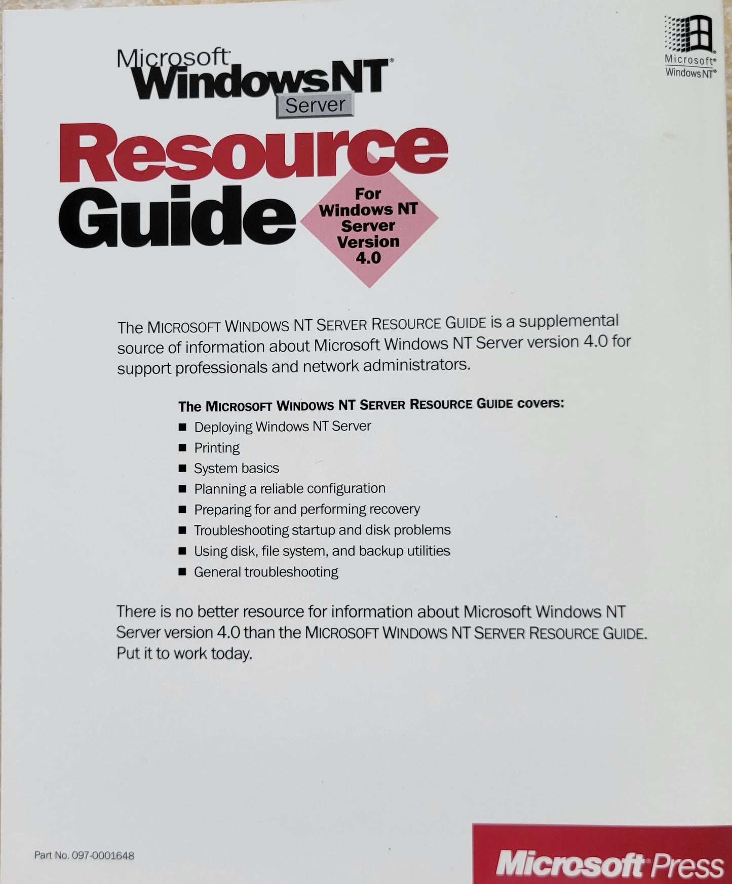 Vintage Book - Microsoft Windows NT Resource Guide, 1996