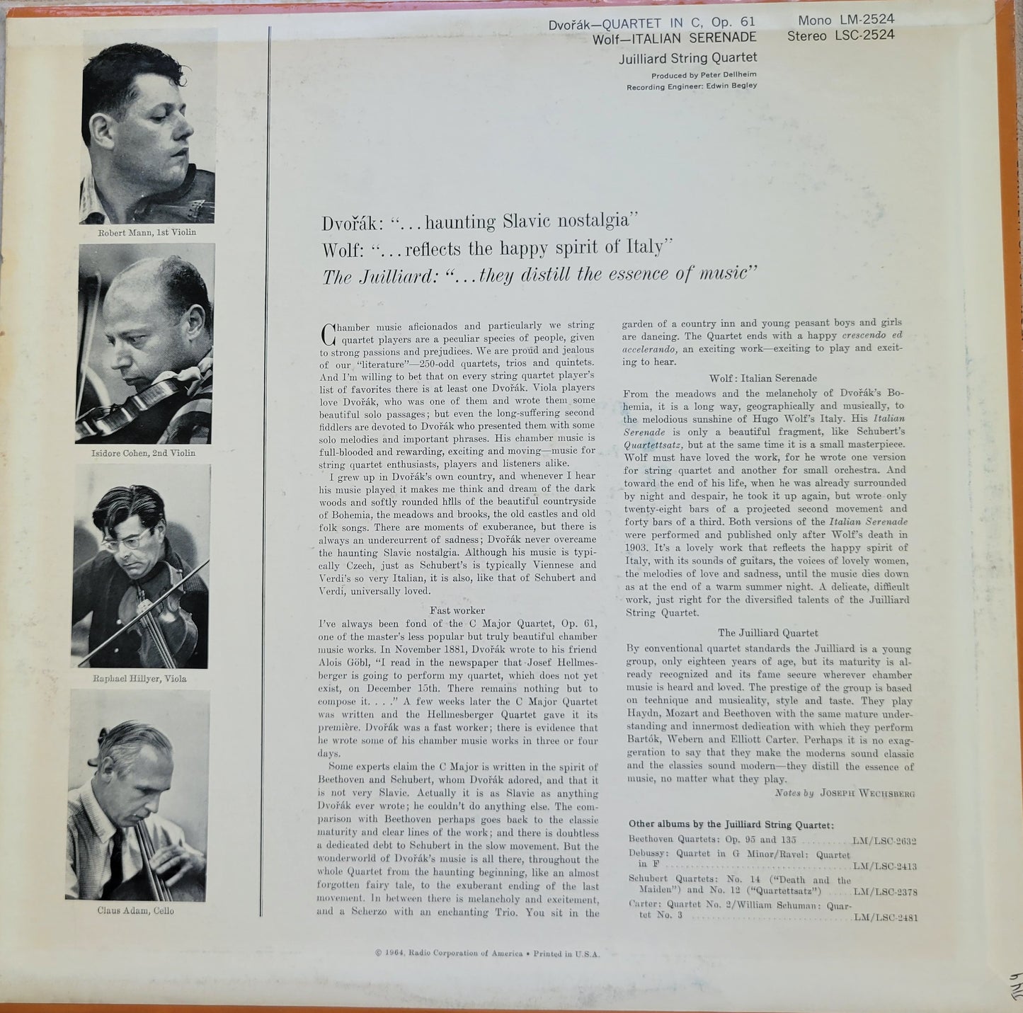 LP Record - Juilliard String Quartet: Dvorak Quartet and Wolf Italian Serenade