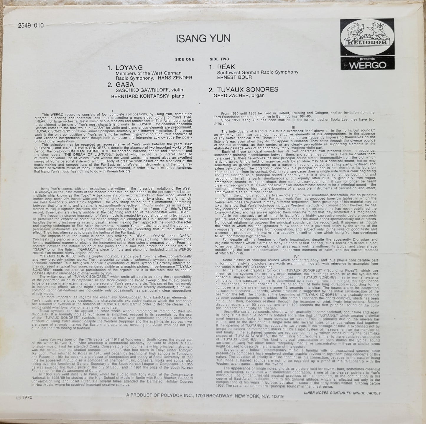 LP Record - Isang Yun: Loyang, Gasa, Reak, Tuyaux Sonores
