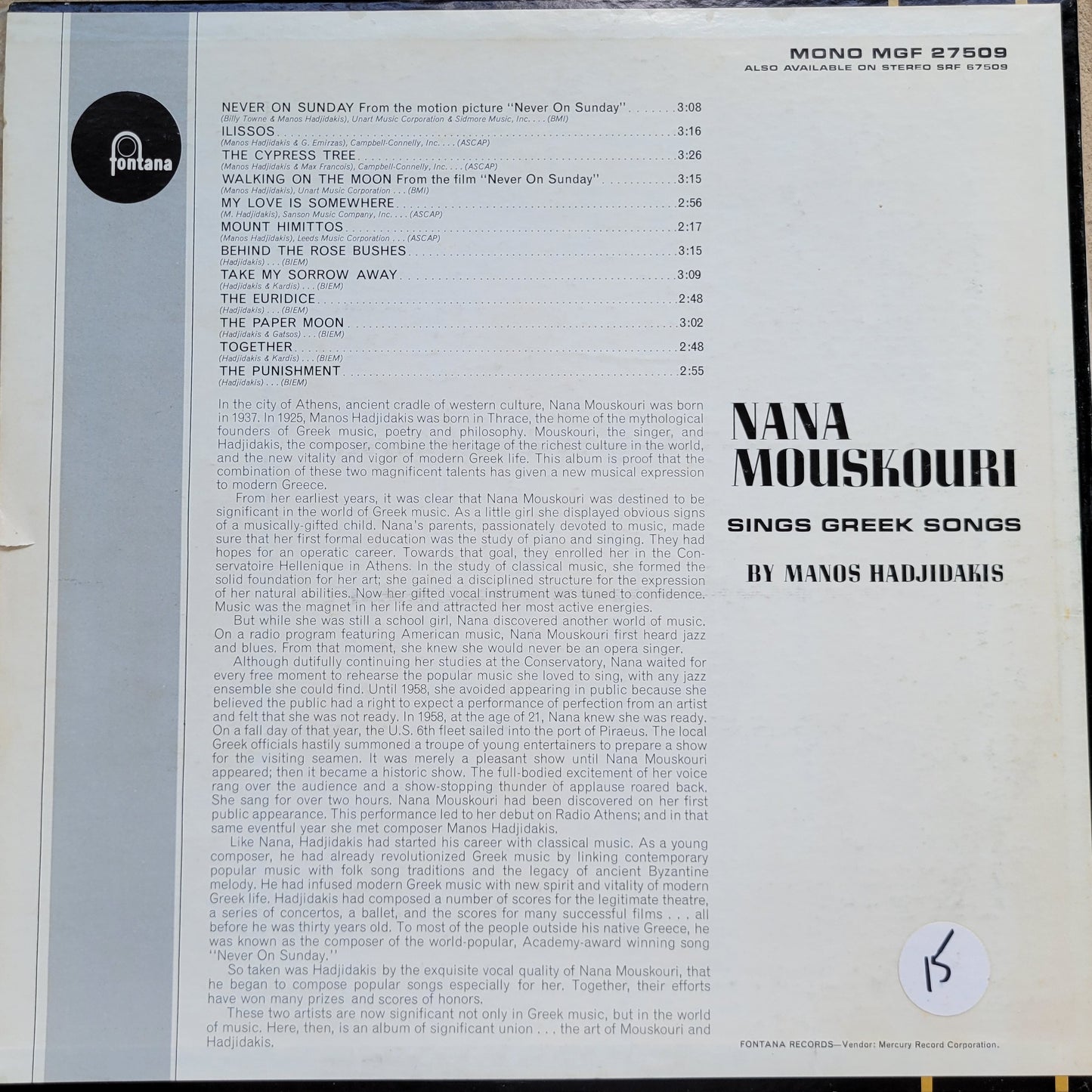 LP Record - Nana Mouskouri: Never on Sunday in Greece