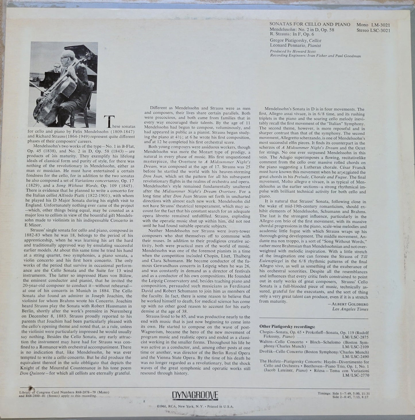 LP Record - Mendelssohn and R. Strauss: Piatigorsky Pennario