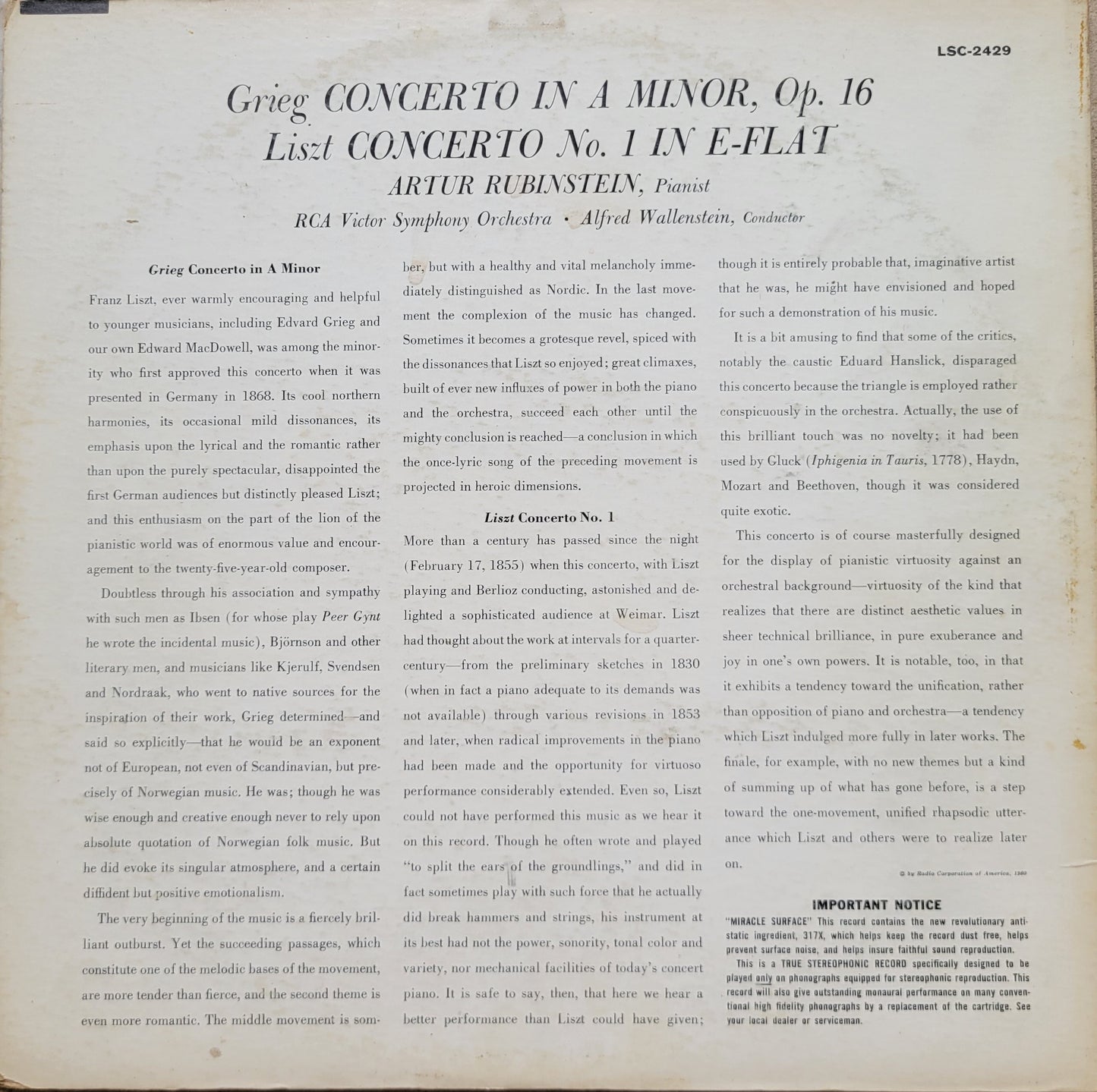 LP Record - Grieg: Concerto, Liszt: Concerto No. 1