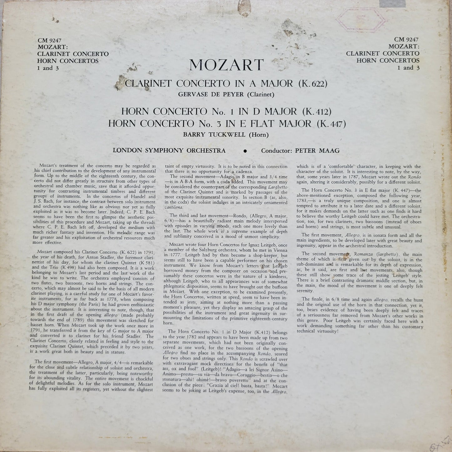 LP Record - Mozart: Clarinet Concerto, Horn Concerto No. 1 and 3