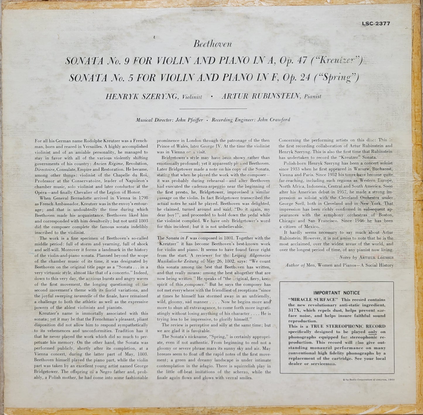 LP Record - Beethoven: Sonata No. 9 Kreutzer and No. 5 Spring