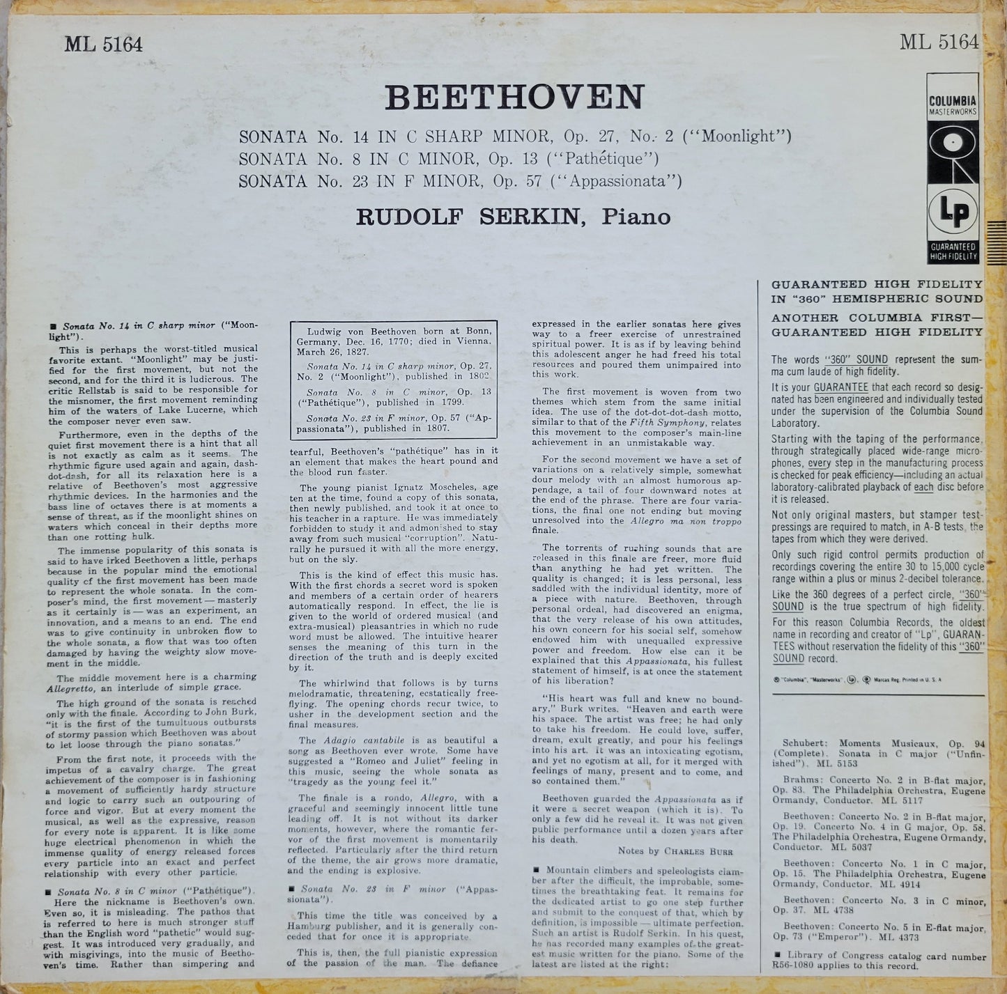 LP Record - Beethoven: Sonata, No. 14, No. 8, No. 23