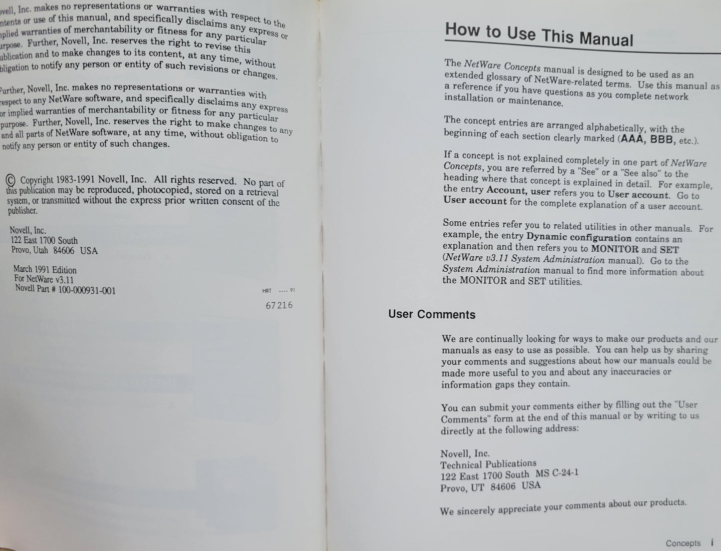 Vintage - NOVELL Netware Version 3.11 Concepts, 1991