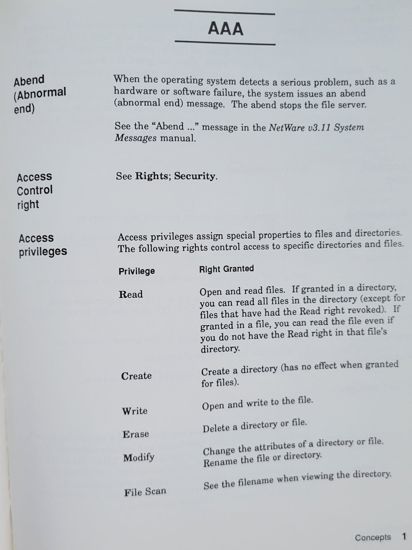 Vintage - NOVELL Netware Version 3.11 Concepts, 1991