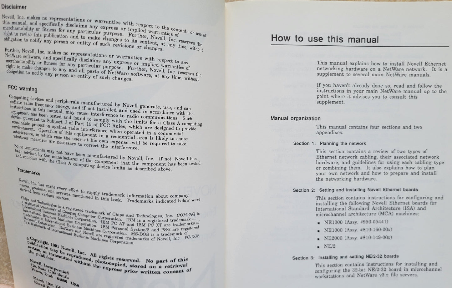 Vintage - NOVELL Netware Ethernet Supplement, 1991