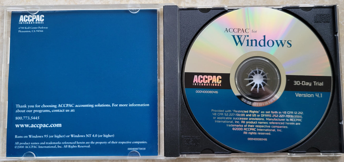 Vintage - ACCPAC for Windows, 30 Day Trial Version 4.1  Released in 2000