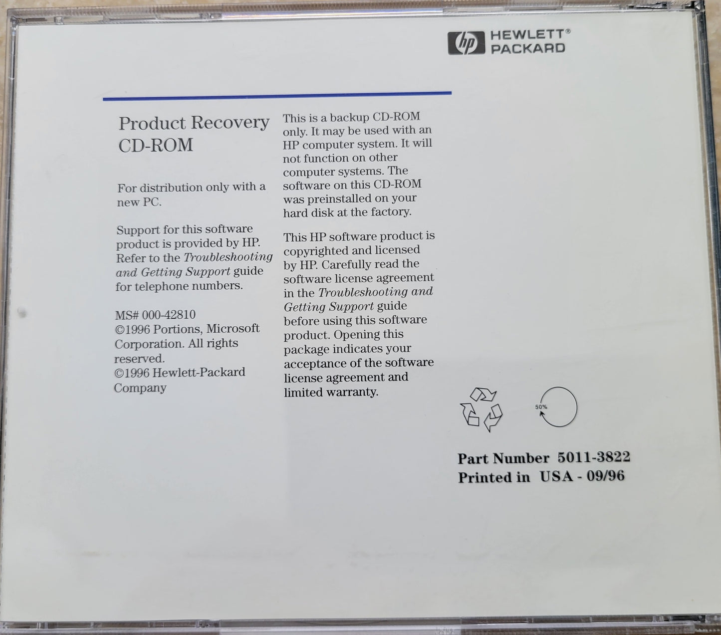 Vintage - HP Product Recovery CD-ROM for Vectra 500, 1996  Part Number: 5011-3822