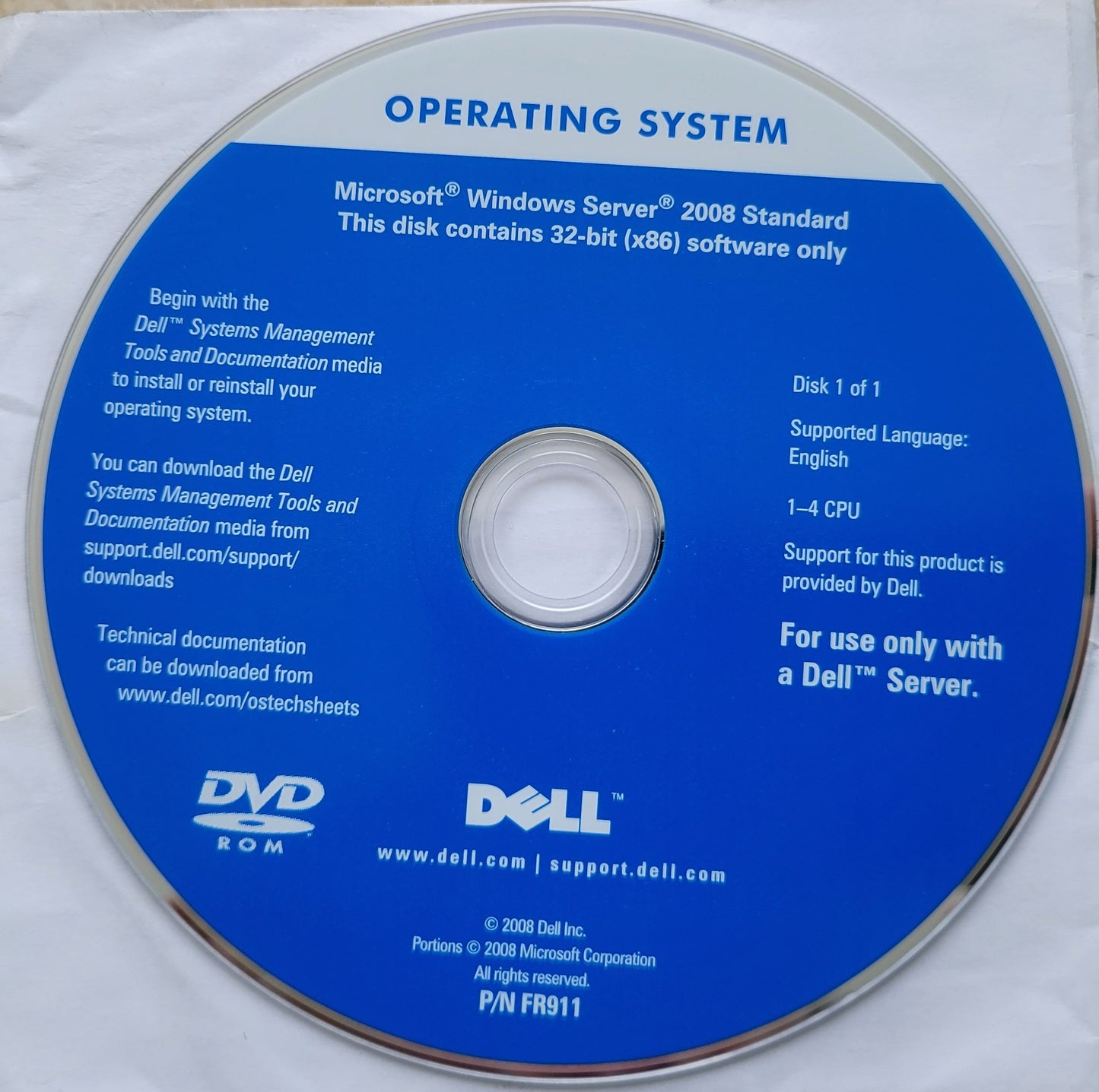 Microsoft Windows Server 2008 Standard for 32-bit (x86) DVD  P/N FR911