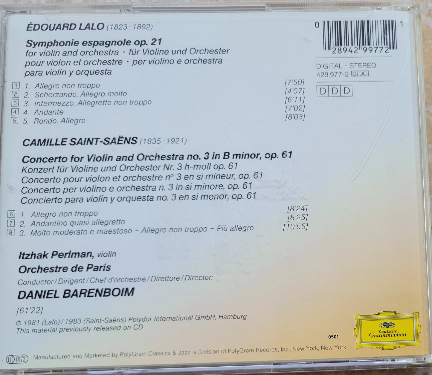 Music CD - Edouard Lalo: Symphonie Espagnole, Saint-Saens: Violin Concerto No. 3, 1983