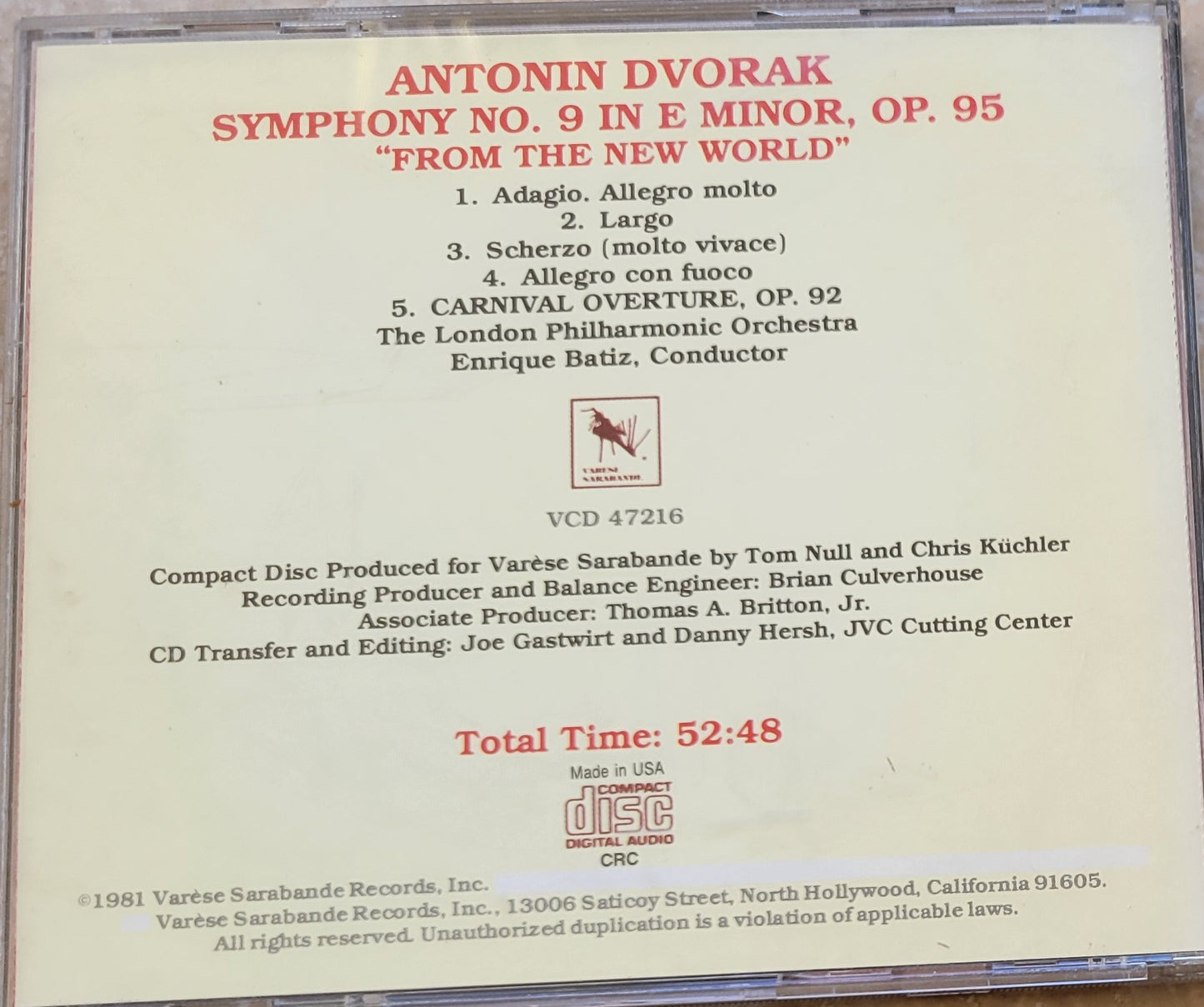 Music CD - Dvorak: Symphony No. 9 "From The New World" & Carnival Overture, 1981