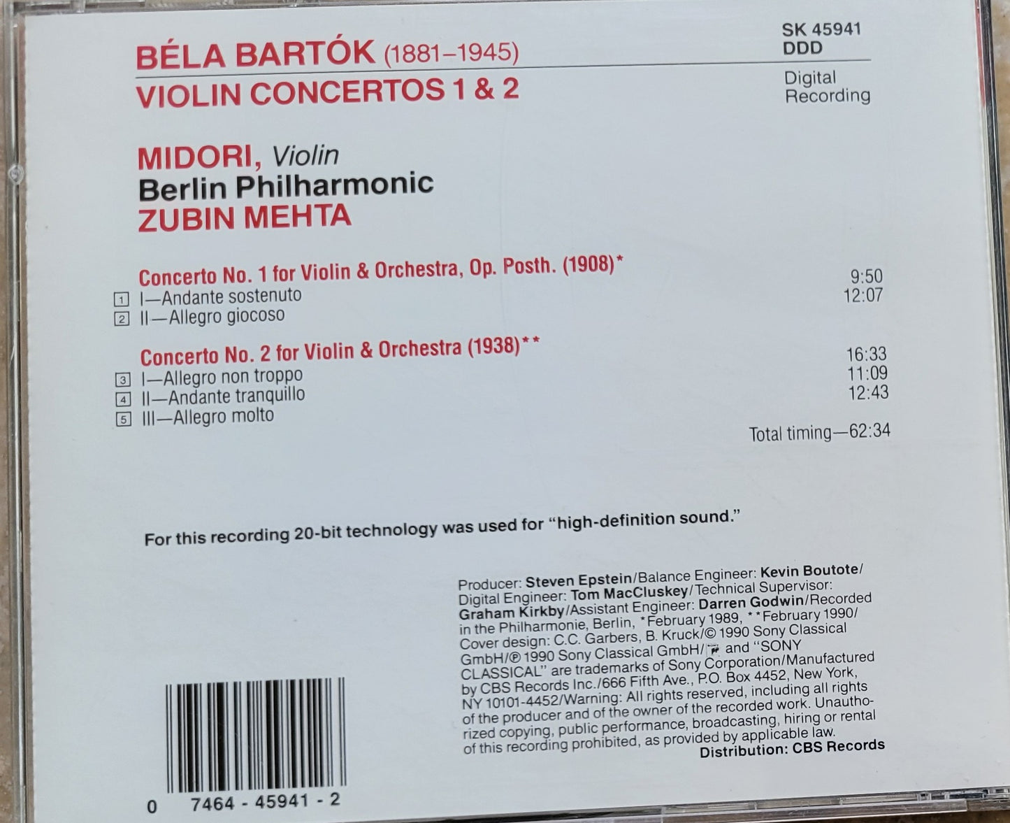 Music CD - Bela Bartok: Violin Concertos No. 1 and No. 2 by Midori, 1990