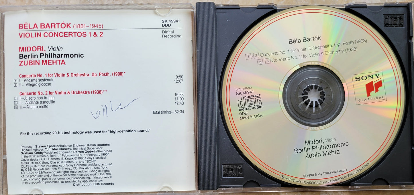 Music CD - Bela Bartok: Violin Concertos No. 1 and No. 2 by Midori, 1990