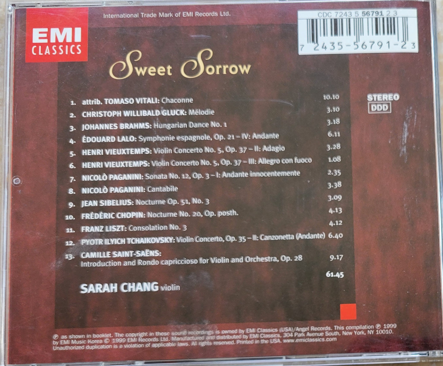 Music CD - Sara Chang, Violin - Sweet Sorrow, 1999