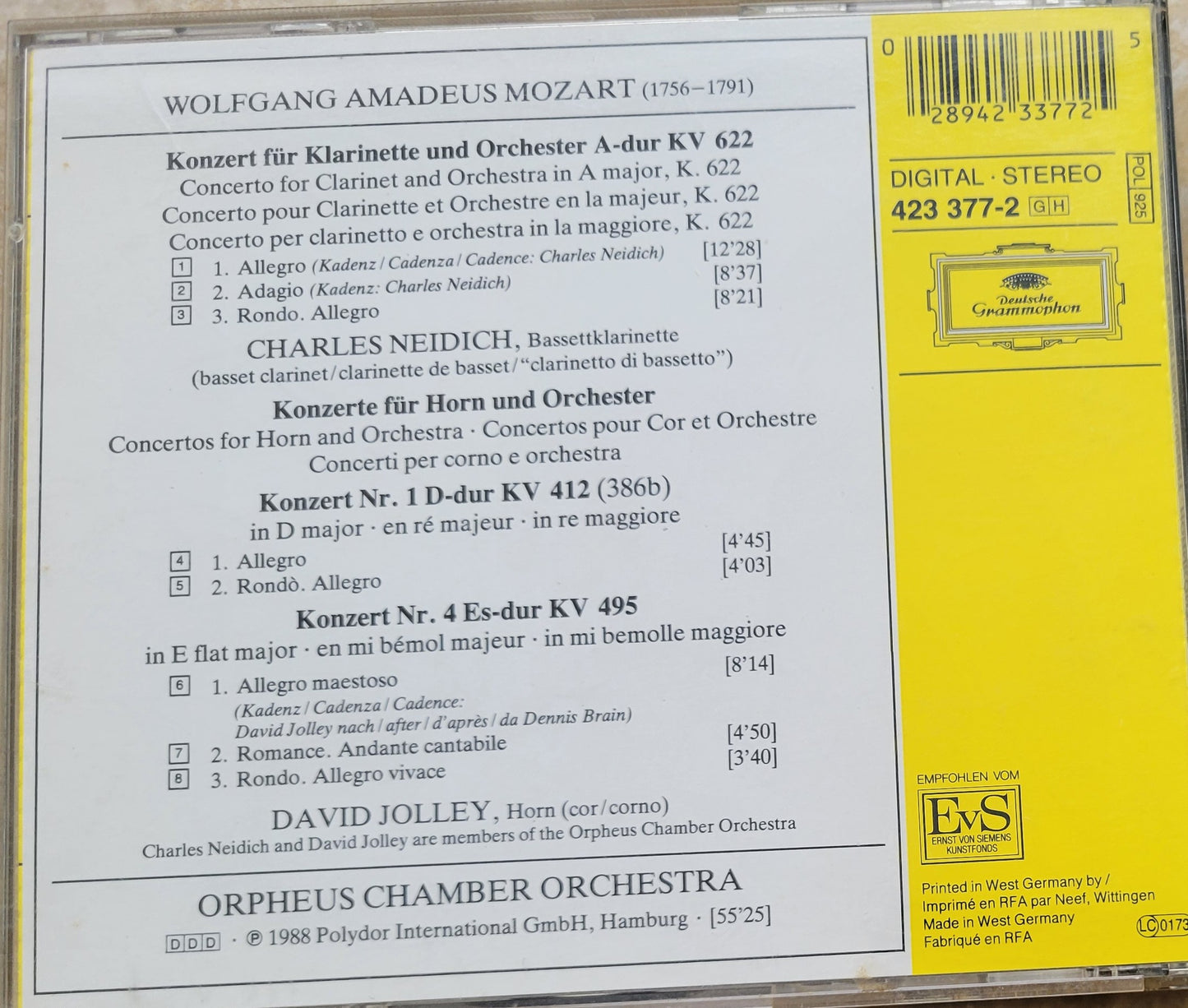Music CD - Mozart: Clarinet Concerto and Horn Concertos Nos. 1 & 4, 1988