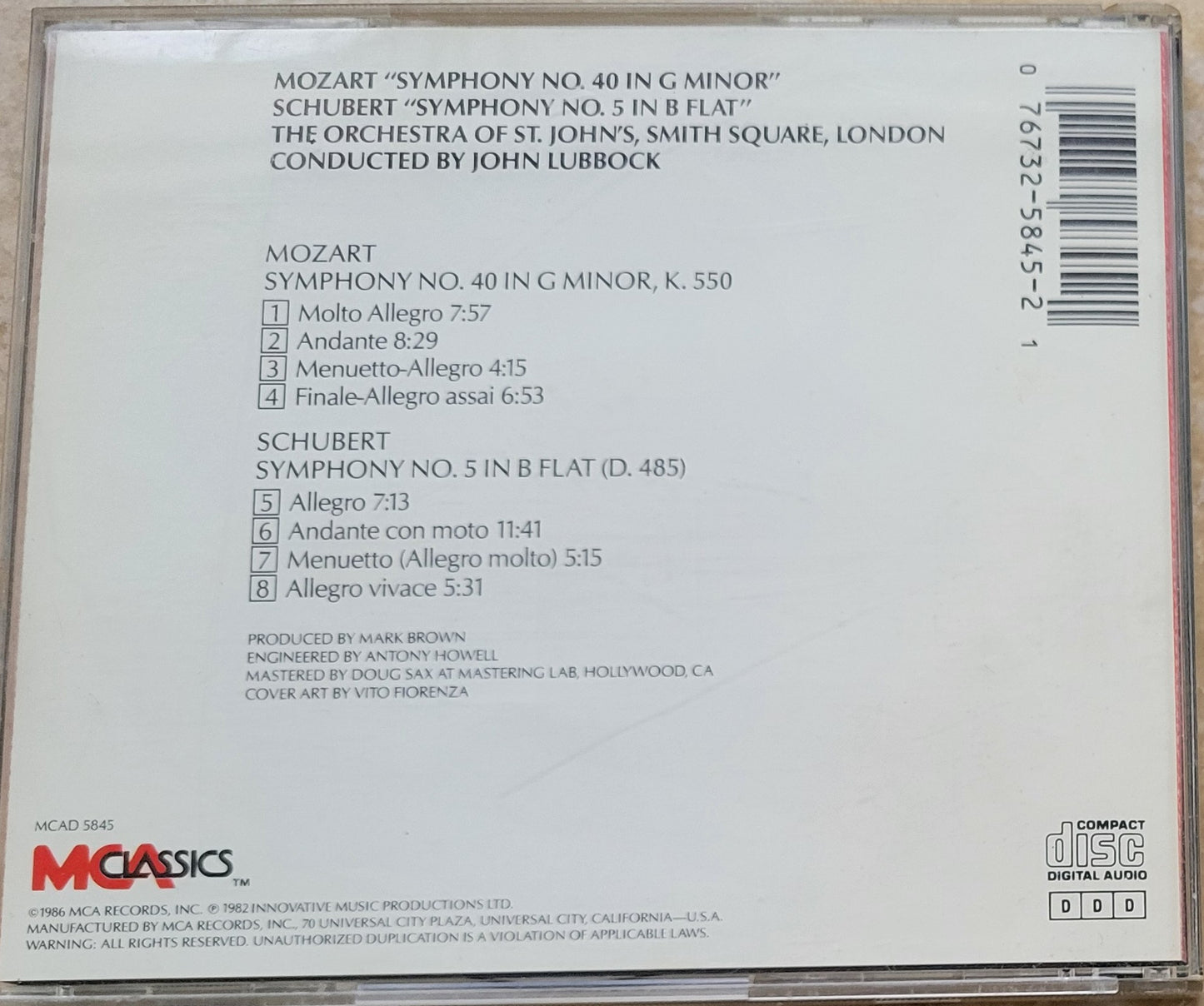 Music CD - Mozart: Symphony No. 40, Schubert: Symphony No. 5, 1986