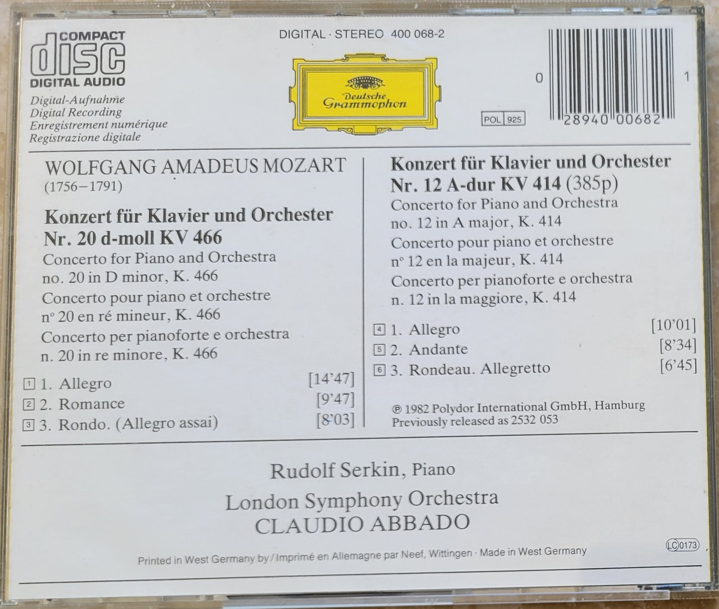 Music CD - Mozart: Piano Concerto Nos. 20 & 12, Rudolf Serkin, 1982