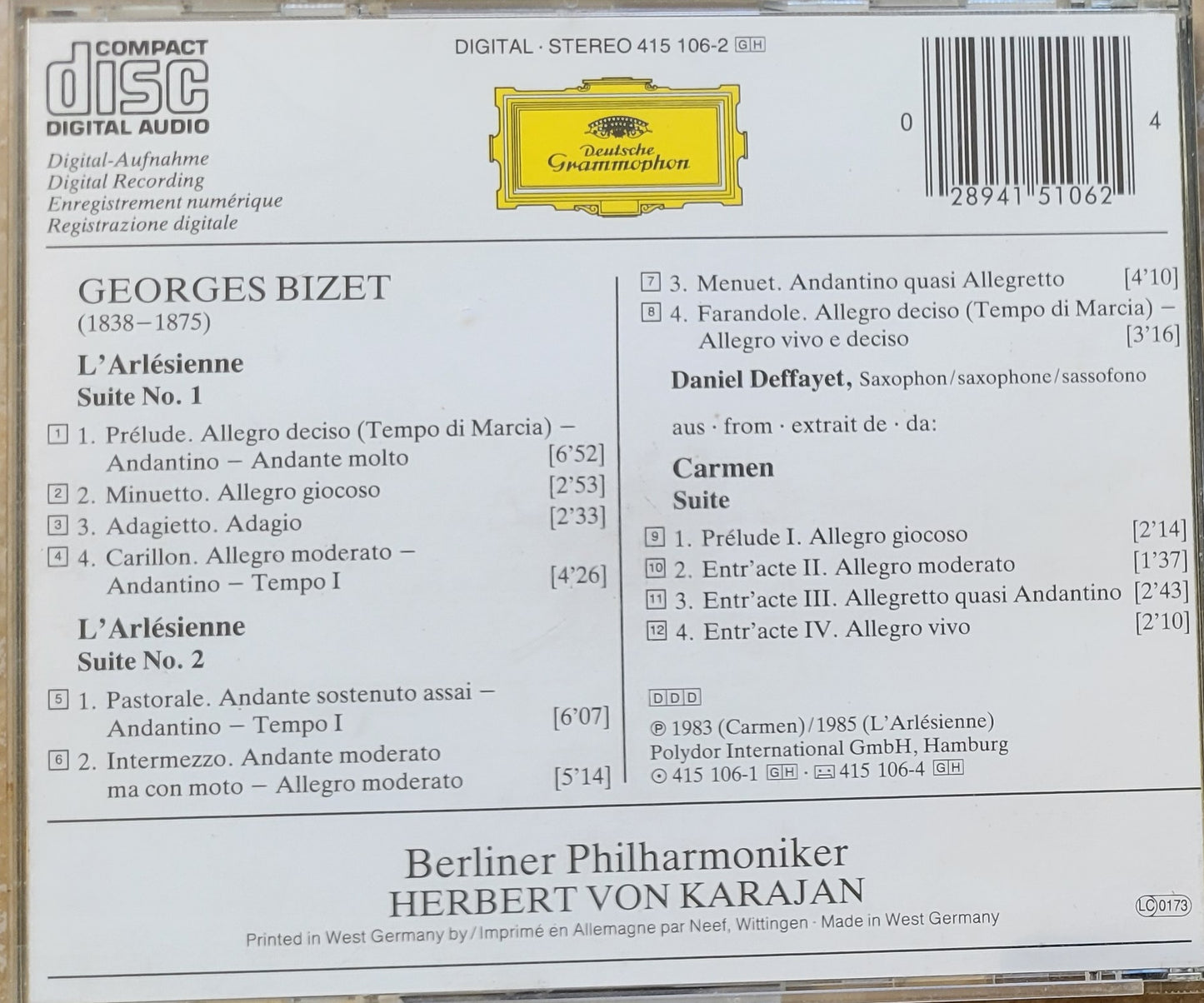 Music CD - Bizet: Carmen Suite & LArlesienne Suite, Karajan, 1985