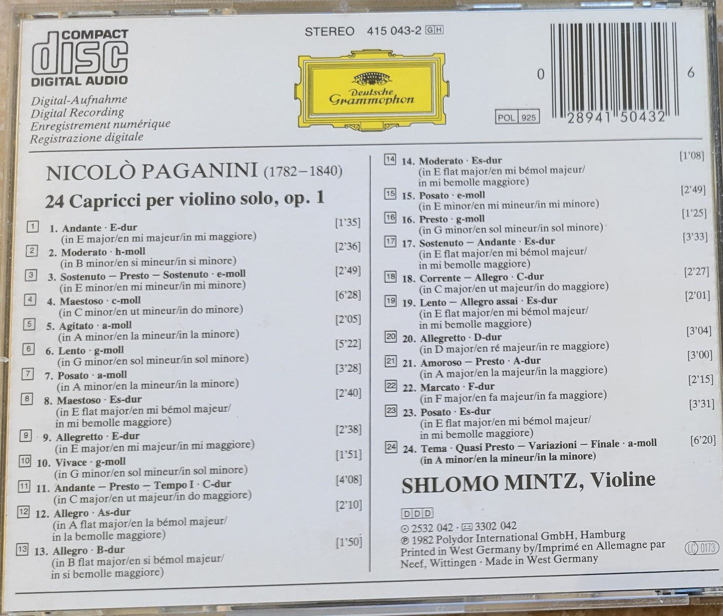 Music CD - Paganini: 24 Capricci, Shlomo Mintz, 1982
