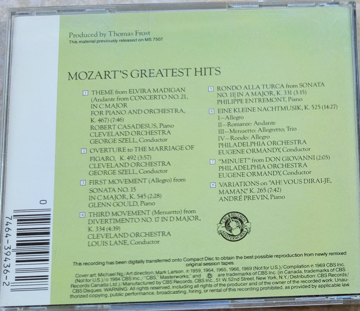 Music CD - Mozart Greatest Hits, 1984  CBS Records Masterworks