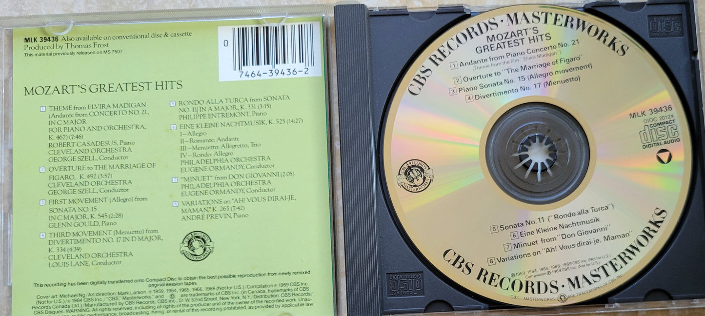 Music CD - Mozart Greatest Hits, 1984  CBS Records Masterworks