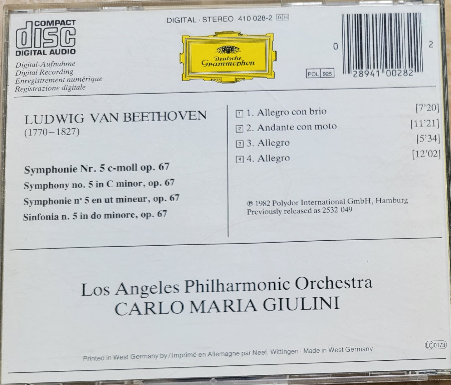 Music CD - Beethoven: Symphony No. 5, Carlo Maria Giulini, 1982