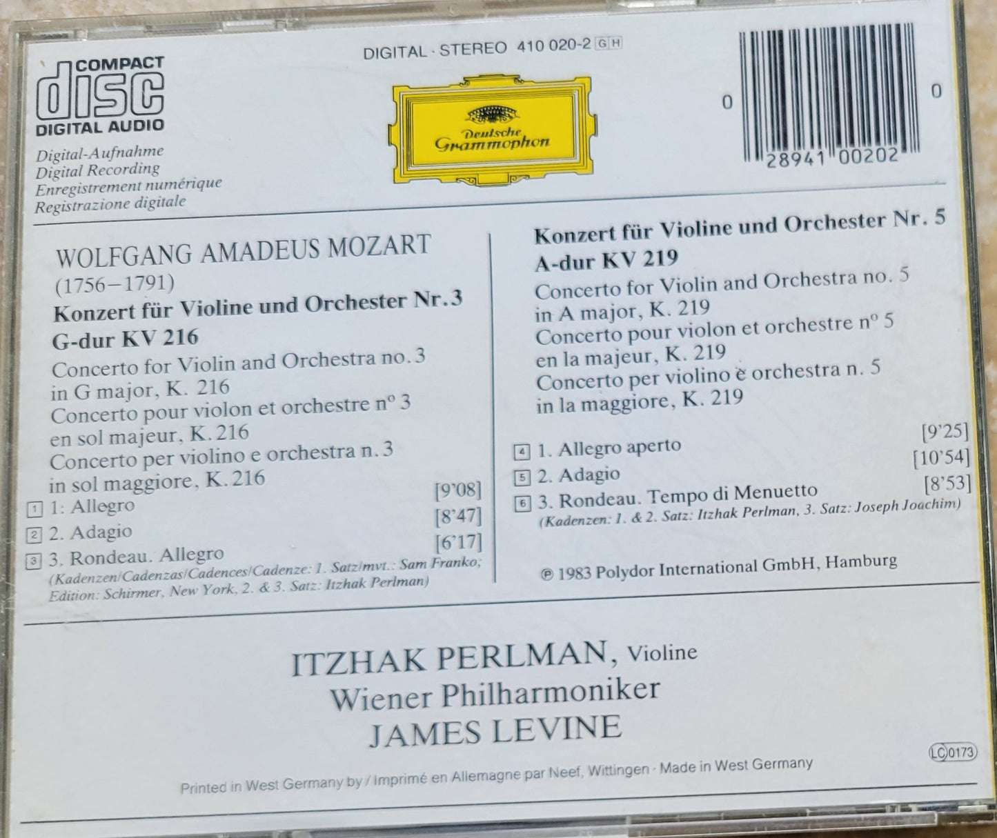 Music CD - Mozart: Violin Concertos Nos. 3 & 5, Itzhak Perlman, 1983