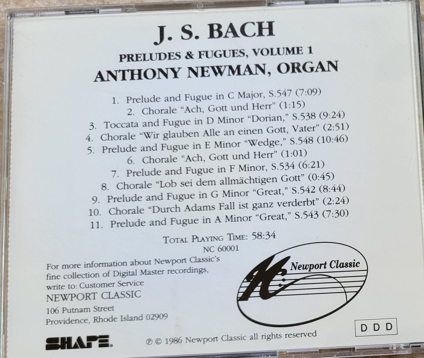 Music CD - Bach: Preludes & Fugues, Anthony Newman, Organ, 1986