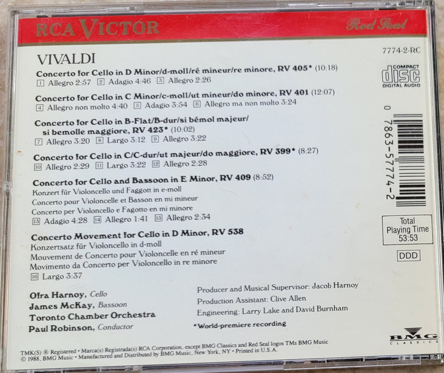Music CD - Vivaldi: Concertos For Cello, Ofra Harnoy, 1988