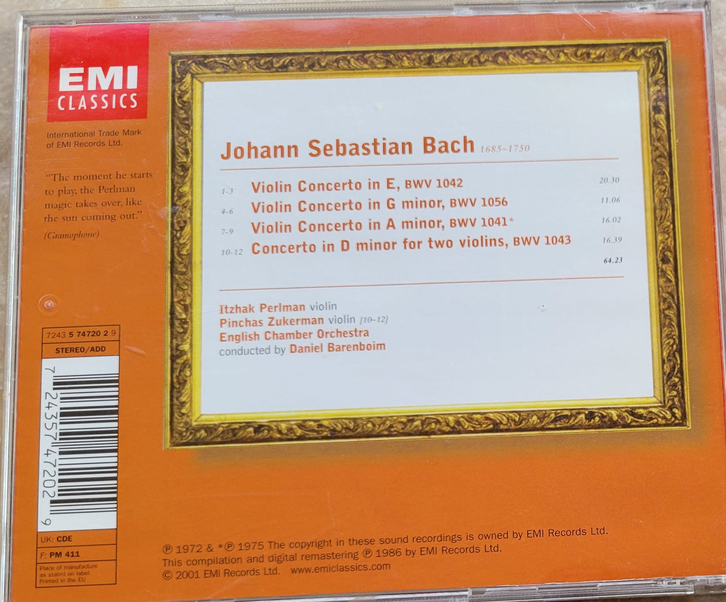 Music CD - Bach: Violin Concertos, Itzhak Perlman, Pinchas Zukerman, 2001