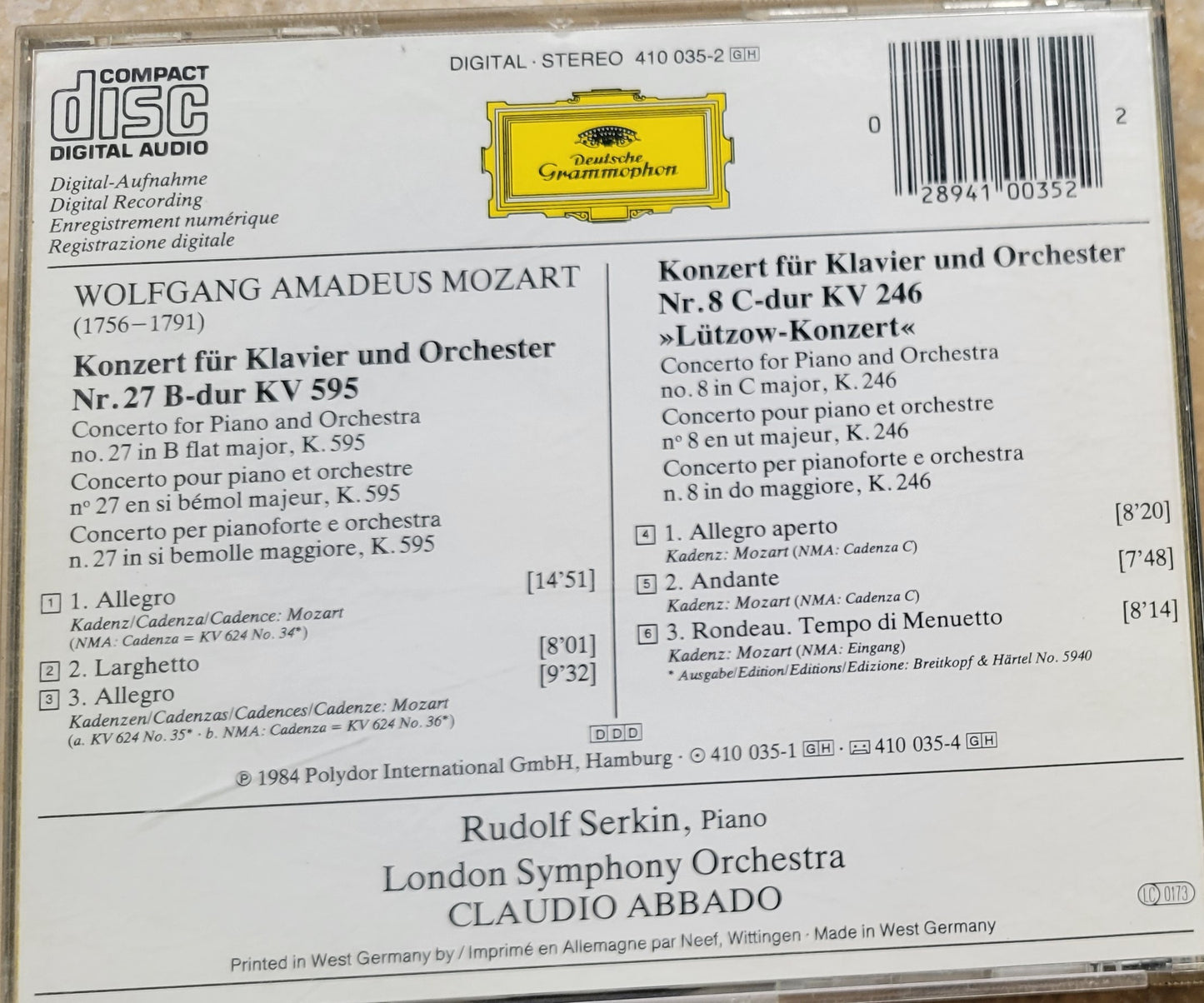 Music CD - Mozart: Piano Concertos Nos. 27 & 8, Rudolf Serkin, 1984