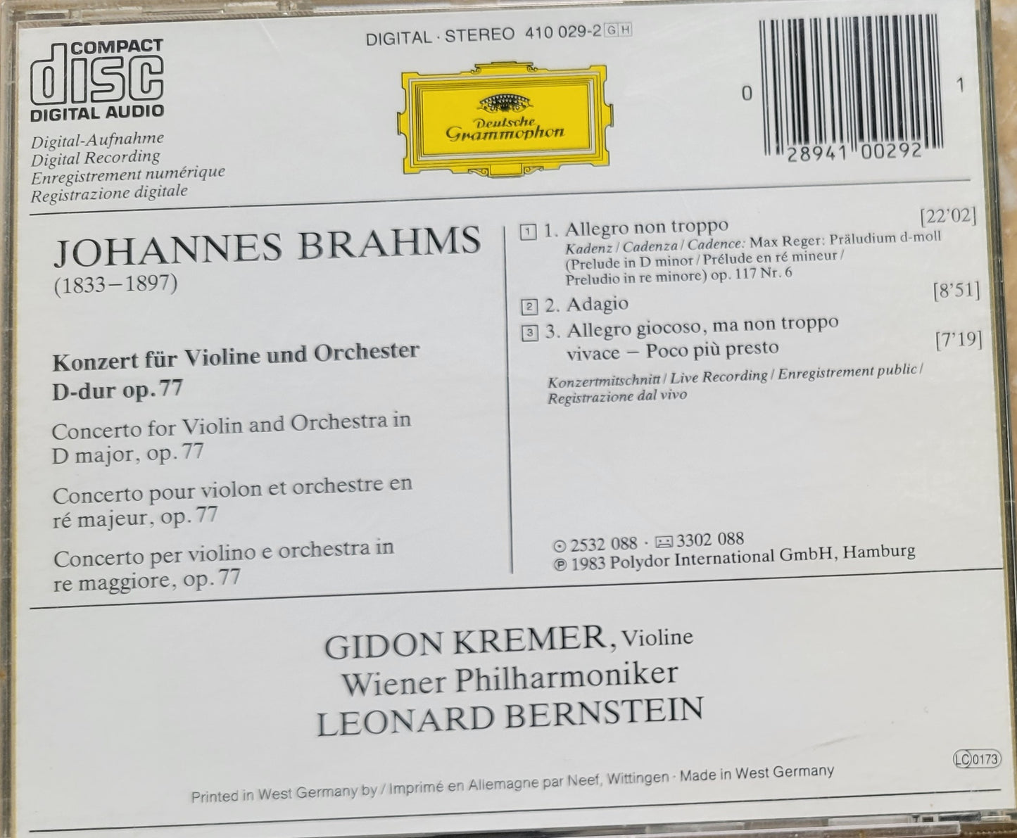 Music CD - Johannes Brahms: Violin Concerto, Gidon Kremer, 1983