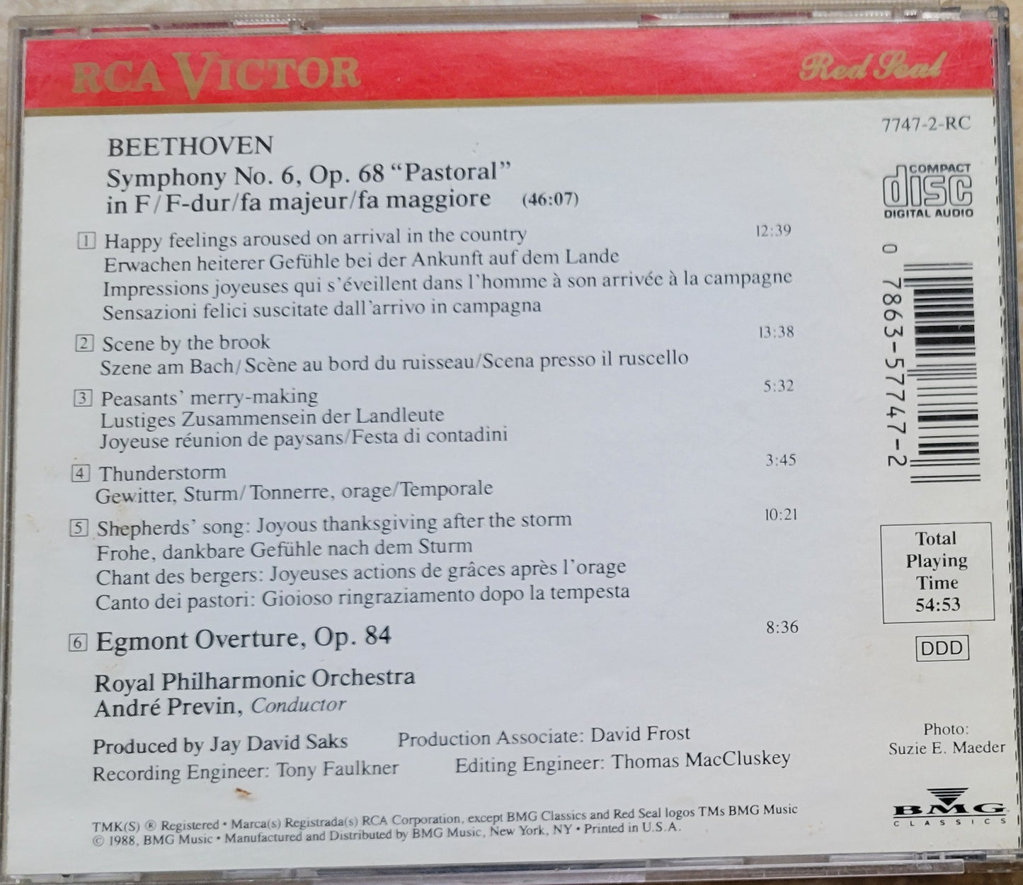Music CD - Beethoven: Symphony No. 6 "Pastoral", Egmont Overture, 1988
