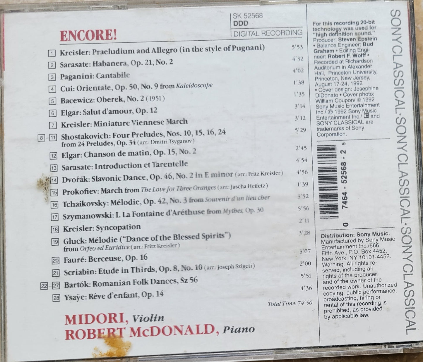 Music CD - Midori Violin Encore, 1992