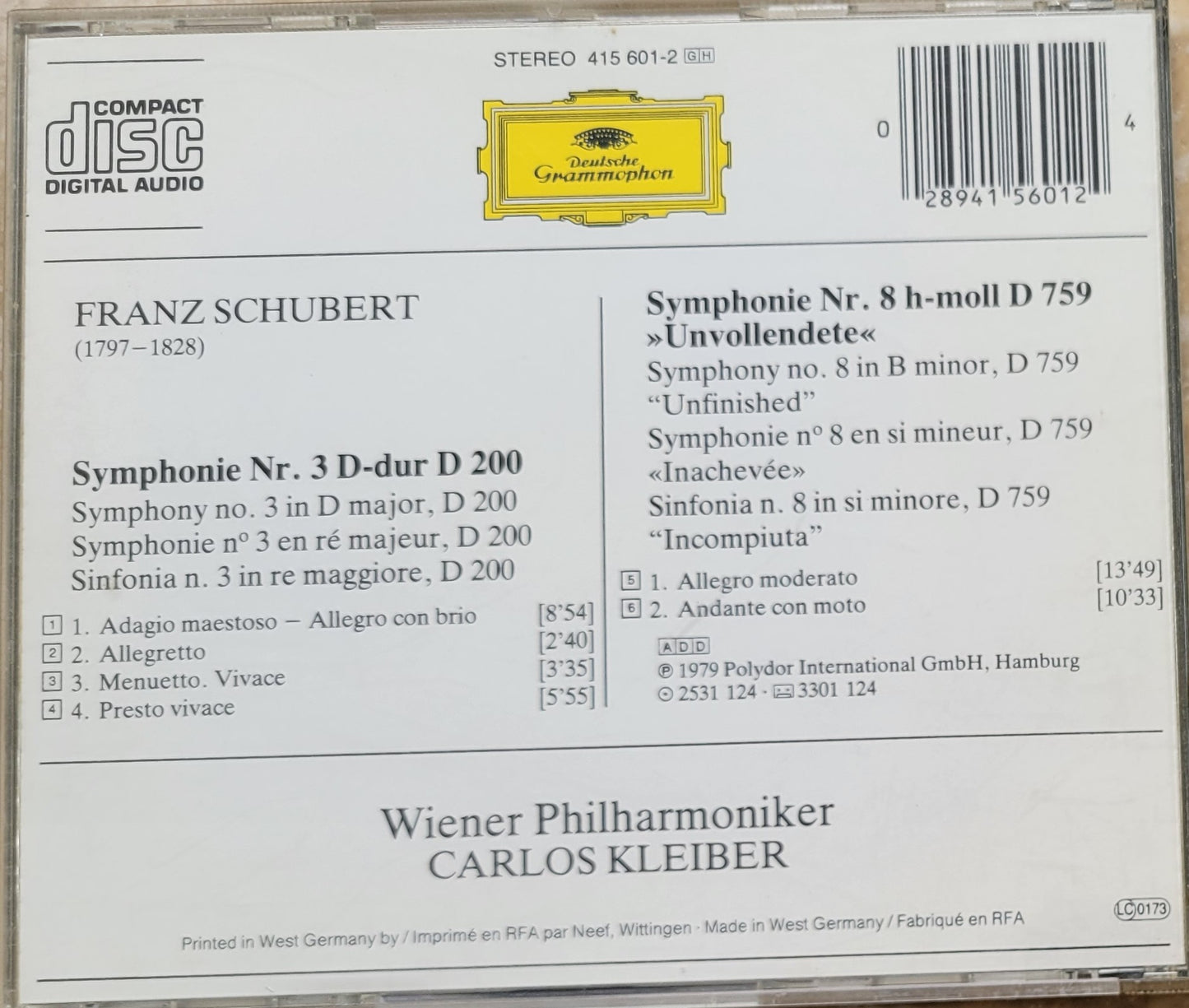 Music CD - Schubert: Symphony Nos. 3 & 8 "Unfinished", 1979