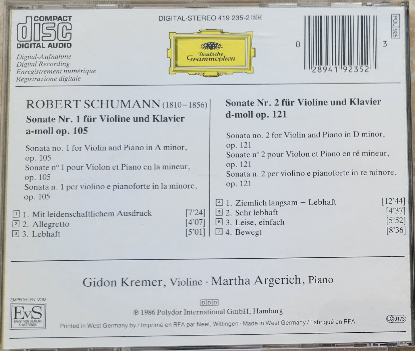 Music CD - Schumann: Violin Sonatas, Gidon Kremer, Martha Argerich, 1986