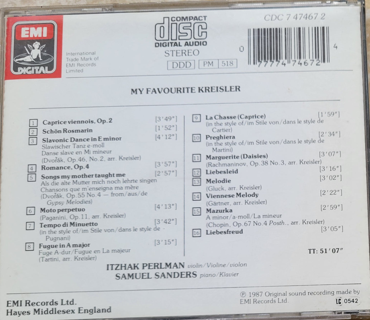 Music CD - My Favorite Kreisler, Itzhak Perlman, 1987
