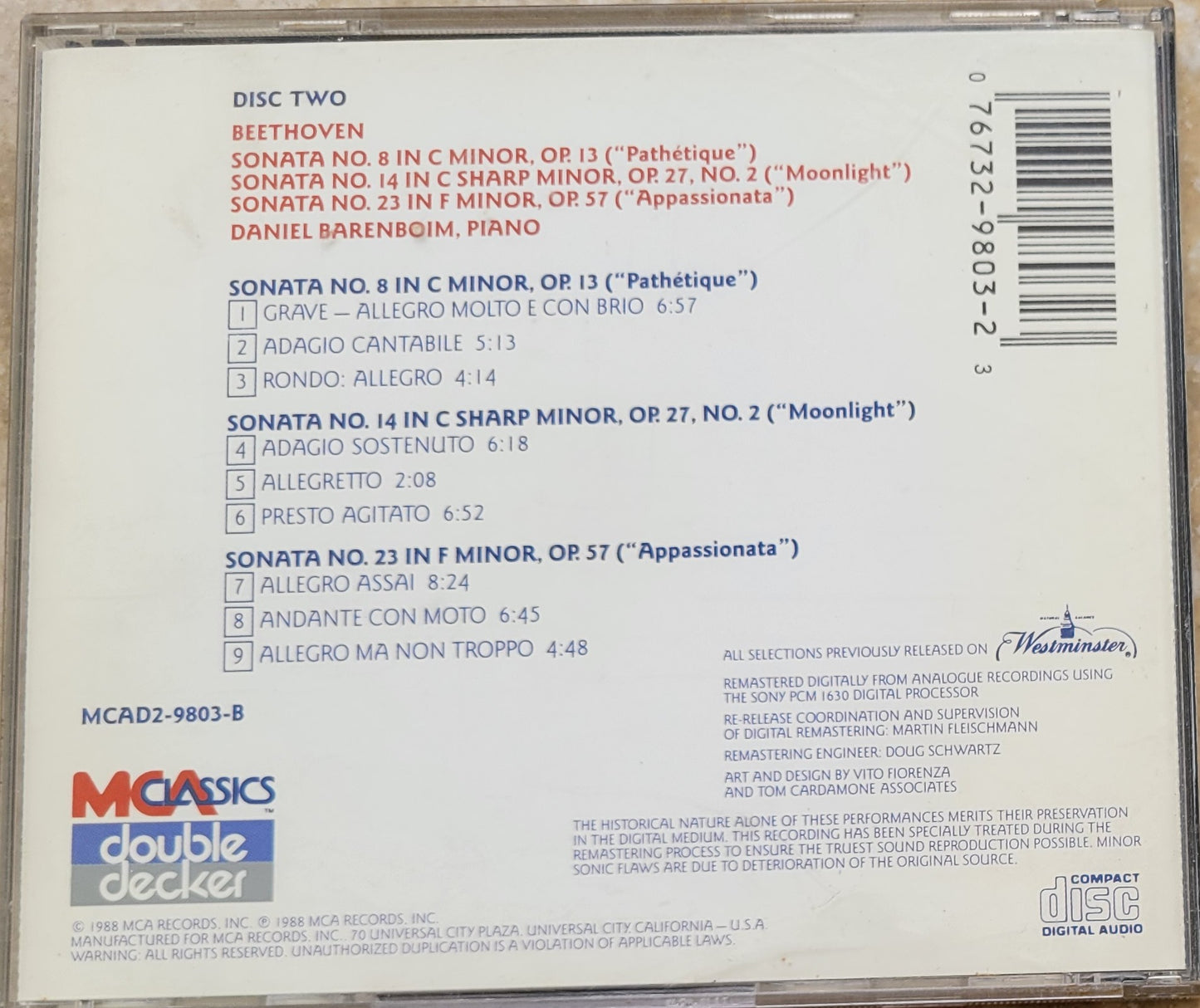 Music CD - Beethoven: Sonatas Nos. 8, 14, 23, Daniel Barenboim, 1988