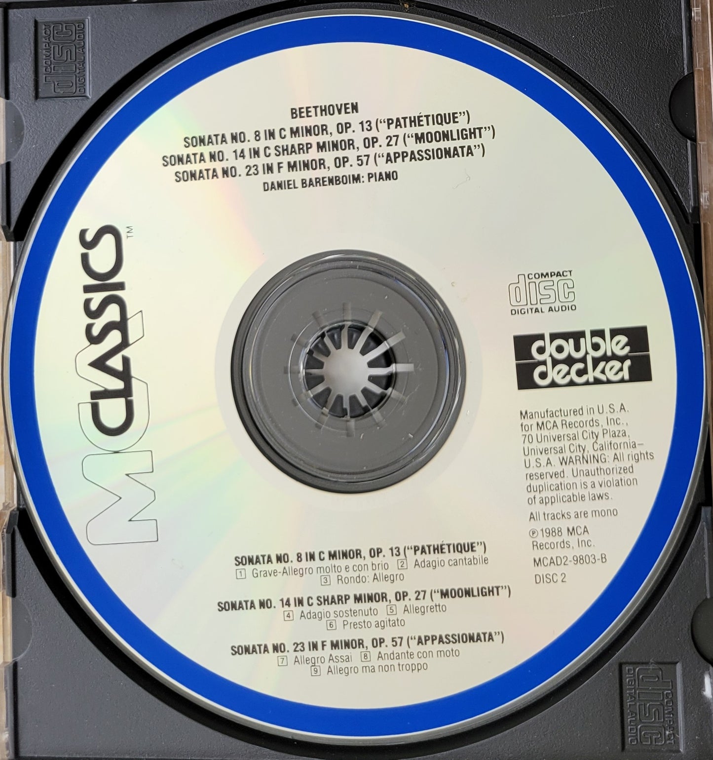 Music CD - Beethoven: Sonatas Nos. 8, 14, 23, Daniel Barenboim, 1988