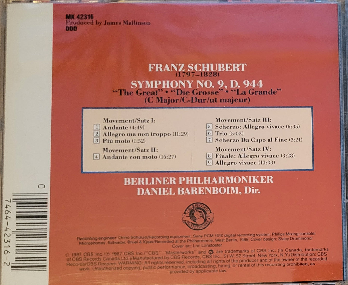 Music CD - Schubert: Symphony No. 9 "The Great", "Die Grosse", 1987